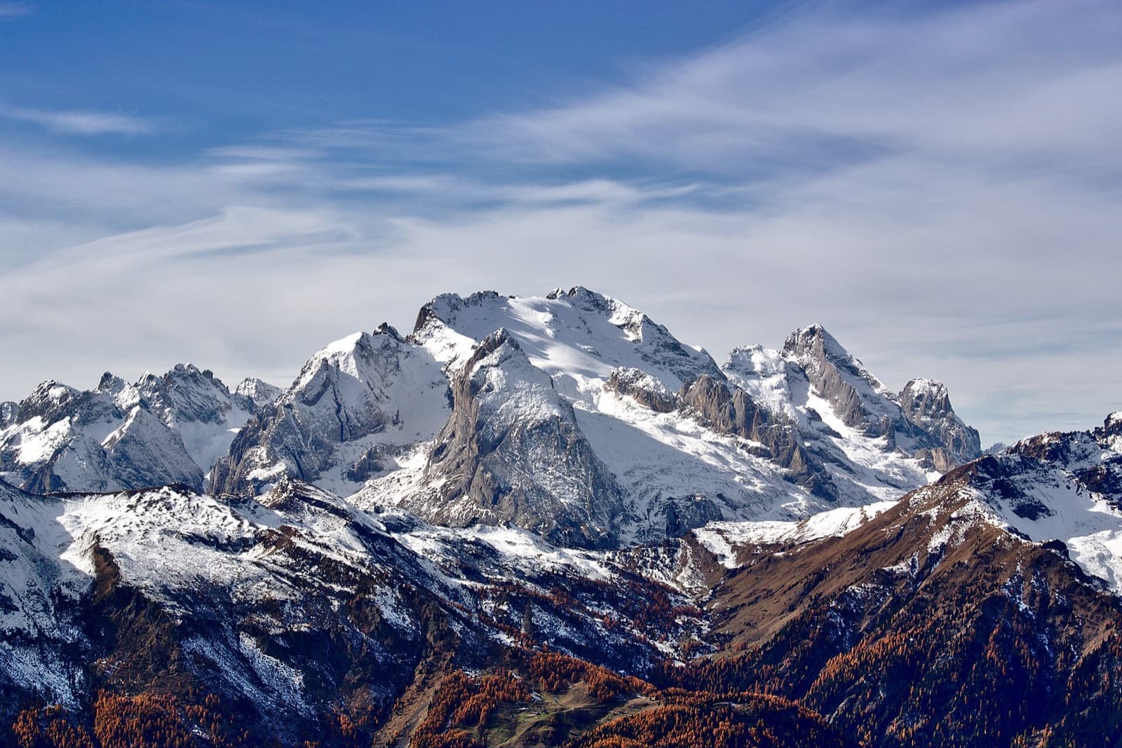 Snow-covered Marmolada massif in the Italian Dolomites
